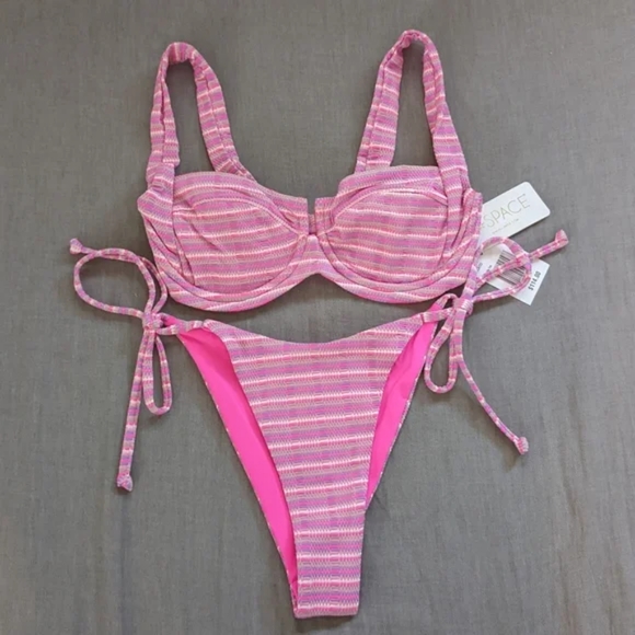 L*Space Camellia Lennox Electric Pique Stripe Pink Bikini Set - Picture 1 of 16